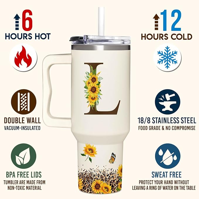 Personalized Birthday Gifts For Women - Sunflowers Monogrammed Cup For Boss Day, Christmas - Customized Gifts For Women, Mom, Wife, Coworkers, Boss Lady, Her - Custom Tumbler With Handle 40oz