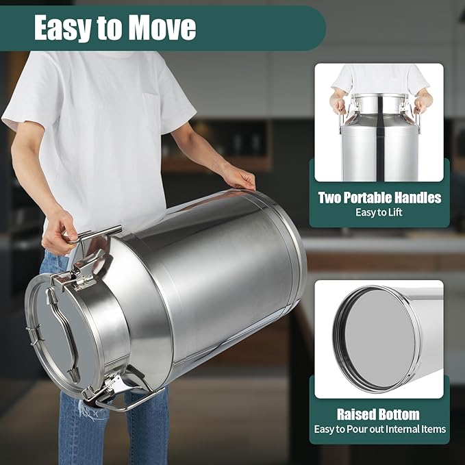 Milk Can Stainless Steel Containers with Lids Old Fashion Milk Jug Metal Bucket with Practical Handles, Sealed Bucket for Milk Water Wine Honey Oil Rice Tea Beans Grains (60L/15.85Gal)