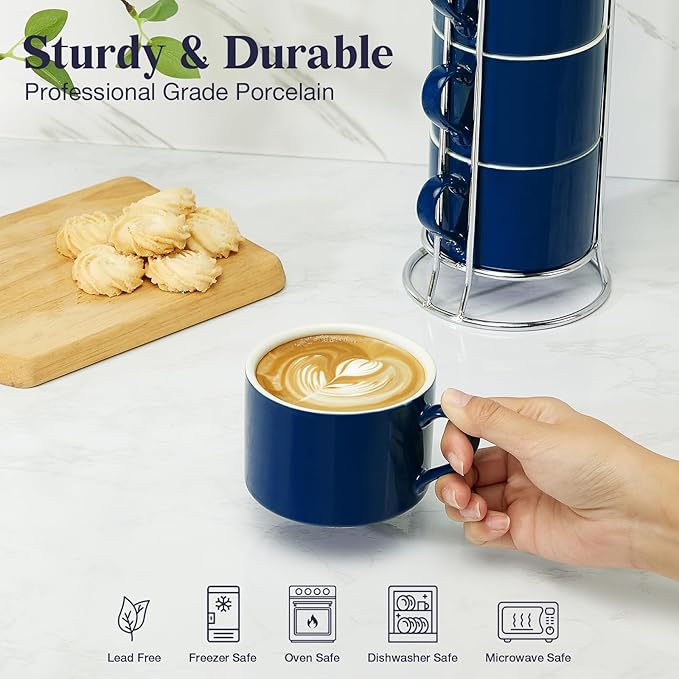 10 Ounce Blue Porcelain Stackable Cappuccino Cups with Stainless Steel Holder, Set of 4, Durable Ceramic, Perfect for Home, Office or Gift