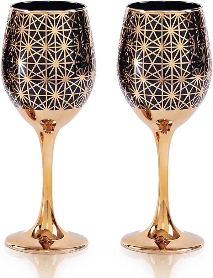 Gold Rim Wine Glasses - 12oz Black and Gold Long Stem Set for Fall, Thanksgiving, Christmas, Housewarming or Birthday Gift (Black, Set of 2)