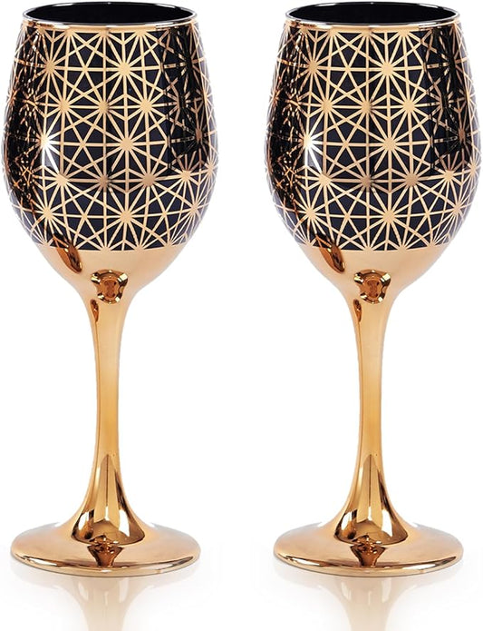 Gold Rim Wine Glasses - 12oz Black and Gold Long Stem Set for Fall, Thanksgiving, Christmas, Housewarming or Birthday Gift (Black, Set of 2)