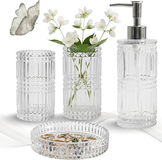 Escenzy Clear Glass Bathroom Accessories Set 4 Pcs | Premium Liquid Soap Dispenser and Toothbrush Holder Set, Qtip Holder, Soap Tray | Bathroom Countertop Organizer | Modern Bathroom Accessory Sets