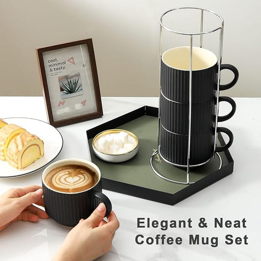 HASENSE Coffee Mug Ceramic Set of 4 with Stand - 15 oz Stackable Large Porcelain Ribbed Latte Cup Set for Cappuccino, Tea, Hot Cocoa, Drinks - Dishwasher & Microwave Safe, Black