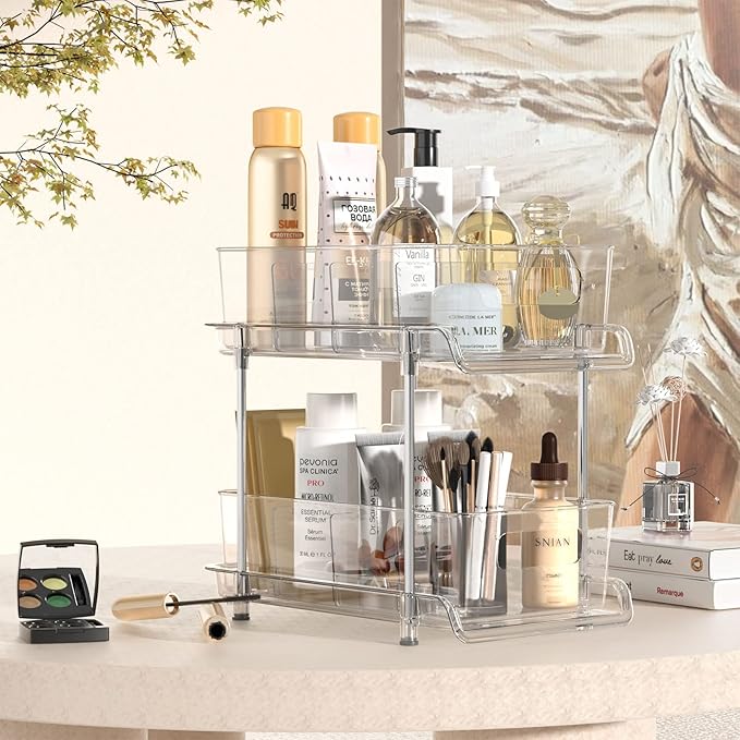 HIHEGD 2 Tier Bathroom Storage With Dividers, Clear Under Sink Pull Out Organizer for Kitchen Pantry, Medicine Cabinet