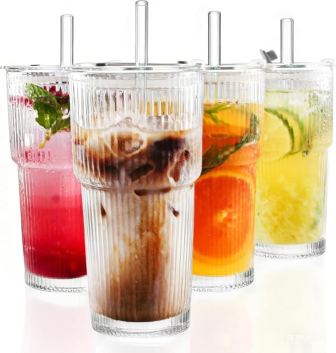 20oz Glass Cups with Lids and Straws, Premium Thick Ribbed Drinking Glass Tumbler Set for Iced Coffee, Smoothies, Cocktails, Beer and Juice, Clear, 4 Pack