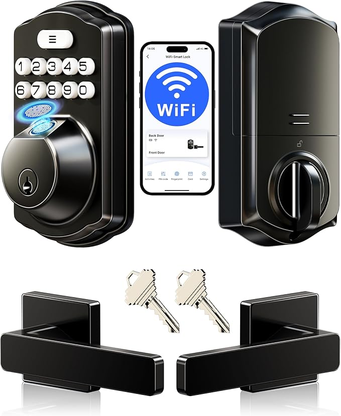 Veise VE012W-L Built-in WiFi Fingerprint Smart Lock with Lever Handle Set, App Remote Control, Keyless Entry for Front Door, Deadbolt Digital Backlit Keypad, Voice Assistant, Auto Lock, Matte Black