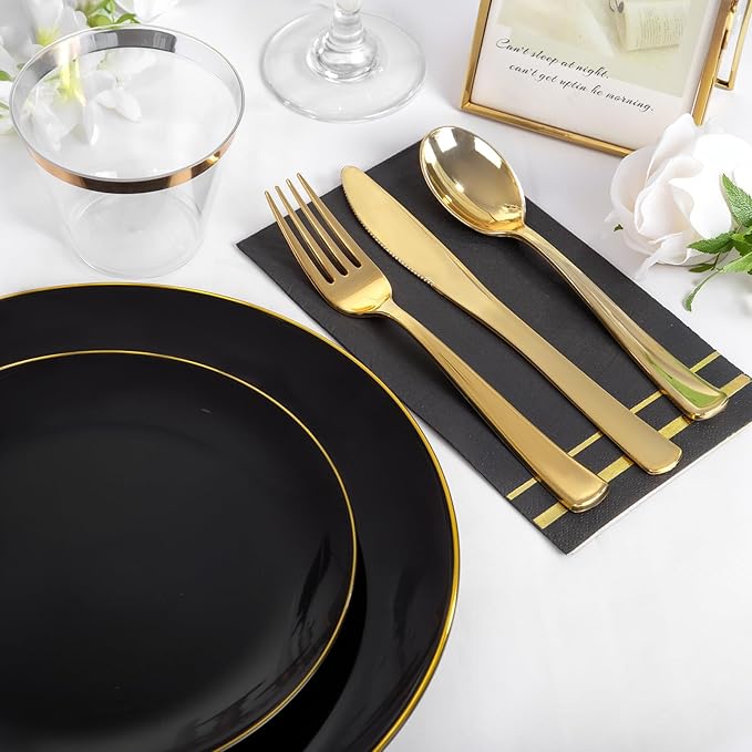 NOCCUR 350PCS Black and Gold Plastic Plates - Black Disposable Dinnerware Set for 50 Guests, 100 Dinner/Dessert Plates, 150 Gold Silverware, 50 Cups&50 Napkins for Party/Birthday/New Year
