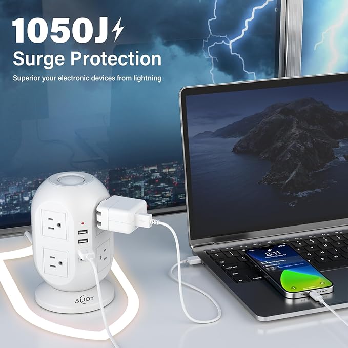 AiJoy Surge Protector Power Strip Tower with 8 Outlets 4 USB Ports(1 USB-C), 10 FT Flat Extension Cord with Multiple Outlets, Charging Tower with Surge Protection for Home Office Dorm Room Essentials