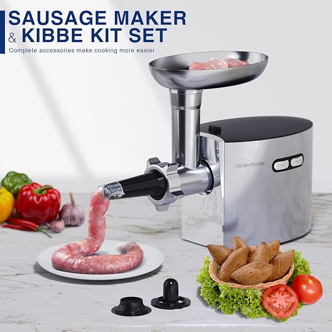 CHEFFANO Meat Grinder, Electric Meat Grinder and Sausage Maker Includes 3 Size Stainless Steel Sausage Stuffs, 2 Cutting Blades, 3 Grinder Plates, Plastic Sausage Tubes & Kubbe Kit for Home Use