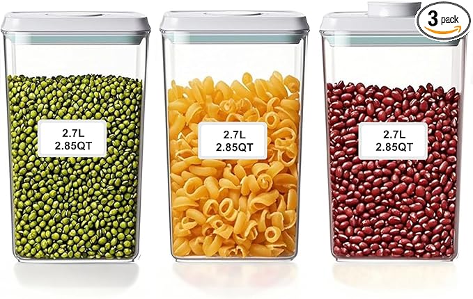 Airtight Food Storage Containers with Lids Airtight Pop Up Containers with Labels Pasta Organizer for Kitchen Pantry Cereal Snack Flour Sugar Coffee, 2700ml / 2.85qt