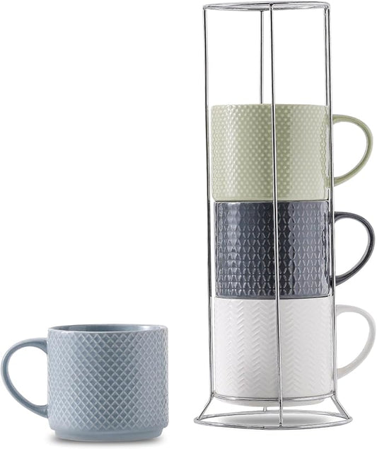 Stackable Coffee Mugs with Stand, 15 Ounce Ceramic Embossed Mugs Set of 4 for Coffee, Latte, Tea, Cute Porcelain Cups for Christmas Gift, Dishwasher & Microwave Safe, Multi Color