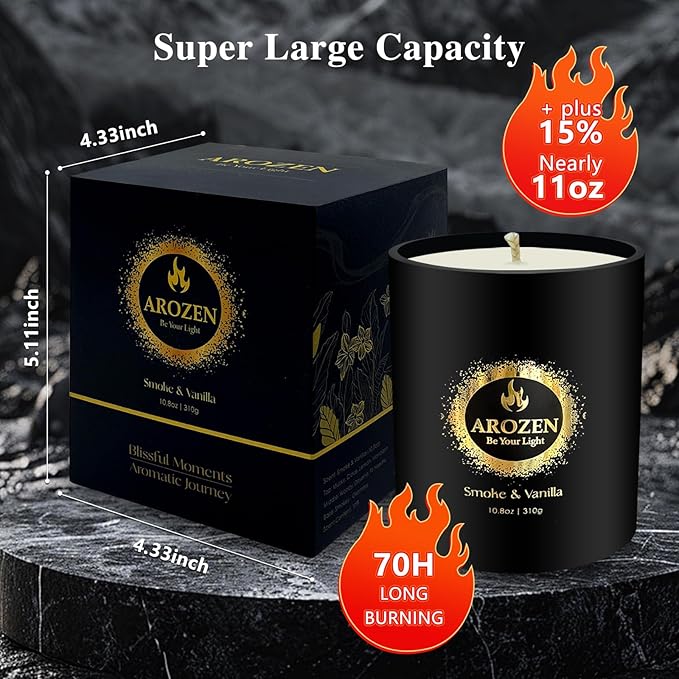 Premium Smoke & Vanilla Scented Candles | Black Large Candle for Home Scented | 70-Hour Long Lasting Soy Candle for Him, 10.8oz, Men’s Aromatherapy Candles Gifts for Men, Stress Relief Gift