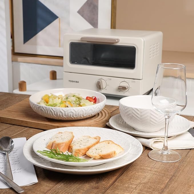 Sureasy 32 Pieces Dinnerware Sets for 8, Ceramic Plates and Bowls Sets, Embossed Scratch Resistant Dinner Set, Dishwasher & Microwave Safe, White
