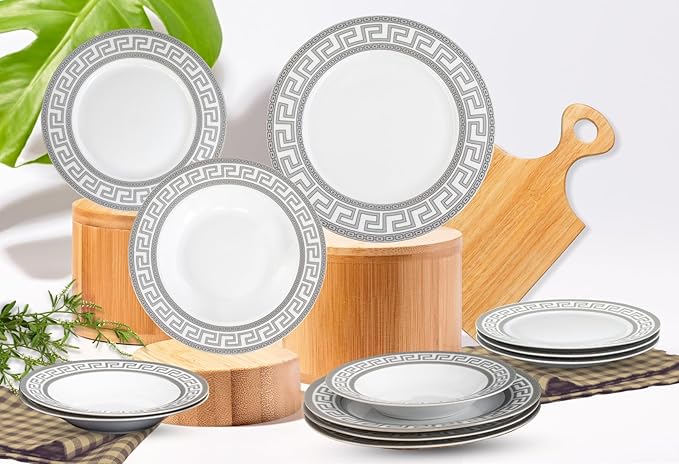 Porcelain 12 Piece Dinnerware Set - Service for 4 - Gorgeous Silver Greek Key Inspired Design - Includes Kitchen Plates, Ceramic Dishes Set for 4 (Meander Silver)