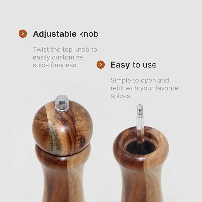 Acacia Light Wood Pepper and Salt Mill Grinder Set with Adjustable Mechanism for Fine, Medium and Coarse Grinding (2 Pack)