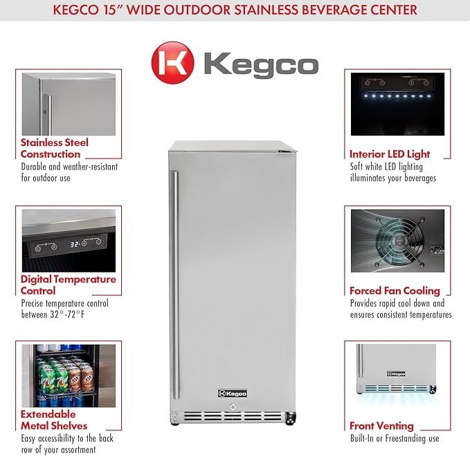 Kegco 15" Wide Built-In Outdoor Commercial Beverage Center with Solid Door HK-15BC-SS
