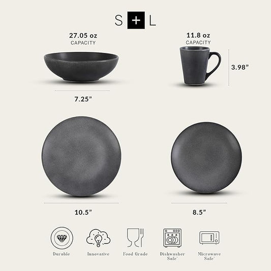 Stone Lain Grao Stoneware 16-Piece Dinnerware Set, Grey