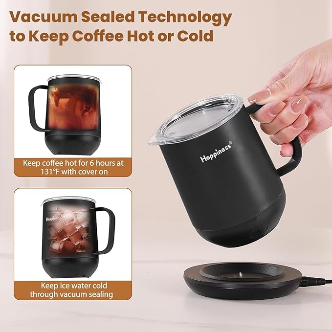 Happiness Smart Heated Coffee Mug,12oz Rechargeable Electric Self Heating Temperature Control Coffee Cup