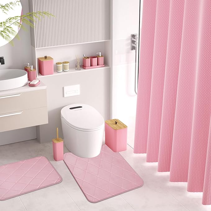 Bathroom Accessory Set - Pink Bathroom Set, 27PC Bathroom Accessories Set, Bathroom Sets with Shower Curtain and Rugs, Mini Trash Can, Toilet Brush, Trash Can & Soap Dispenser