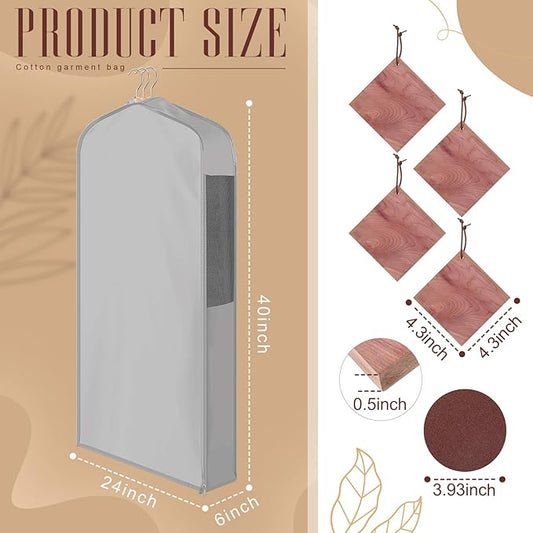 40" Cotton Garment Bag for Hanging and Storage Clothes with 4 Cedar Blocks for Fresh Smell and Moth Protection, Breathable Hanging Storage Bag for Suit Sweater Gown Fur Coat, 6'' Wide, Gray