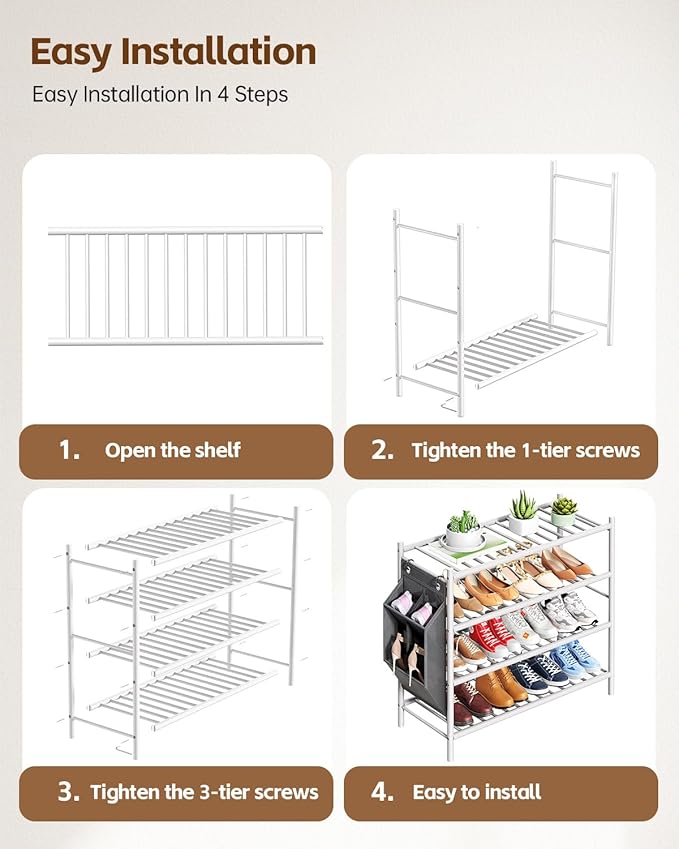 Bamboo Shoe Rack for Closet Small Wooden Shoe Organizer with Pouch, Sturdy Wood Shoe Shelf for Front Door Entrance Entryway and Outdoor, 26 inch Wide (White, 4-Tier)