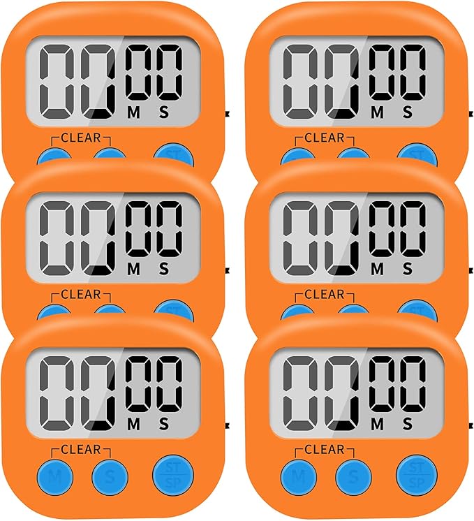 6 Pack Small Digital Kitchen Timer Magnetic Back and ON/Off Switch,Minute Second Count Up Countdown (Orange)