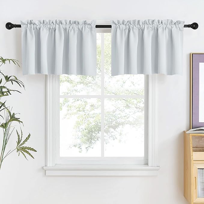 NICETOWN Thermal Insulated Blackout Valances for Nursery Energy Efficient Adjustable Rod Pocket Window Shade for Bathroom Bedroom Small Window, Set of 2, 52" W x 18" L + 1.6" Header, Greyish White