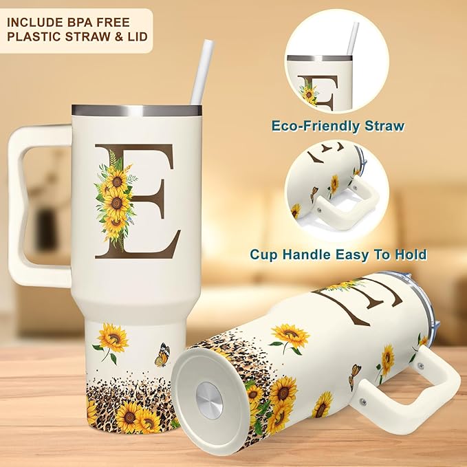 Personalized Birthday Gifts For Women - Sunflowers Monogrammed Cup For Boss Day, Christmas - Customized Gifts For Women, Mom, Wife, Coworkers, Boss Lady, Her - Custom Tumbler With Handle 40oz
