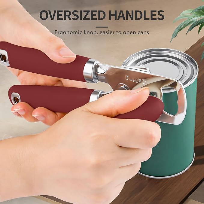Can Opener Manual, Heavy Duty Stainless Steel Smooth Edge Can Opener With Soft Touch Handle, Oversized Handheld Easy Turn Knob, Multi-Function Bottle Opener, Red
