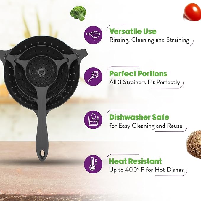 Crisp 3 Piece Nesting Strainer Set - Plastic, Durable Kitchenware, Dishwasher Safe - Made in the USA - Black