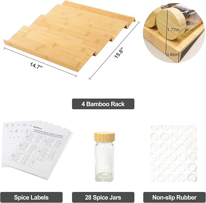 Spice Drawer Organizer with 28 Bamboo-lidded Spice Jars,216 Labels,25 Non-slip Rubber, Bamboo 4 Tier Seasoning Rack Tray Insert for Kitchen Drawers,Cabinets,Countertop,14.6" Wide x 15.8" Deep