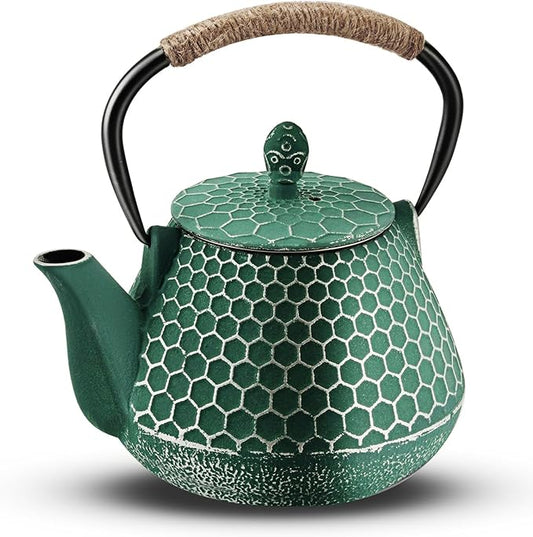 Cast Iron Tea Pot - Honeycomb Pattern Tea Kettle with Tea Leaf Infuser,Stovetop Tea Kettle Coated with Enameled Interior,Suitable for Brewing Loose Leaf Tea (green)