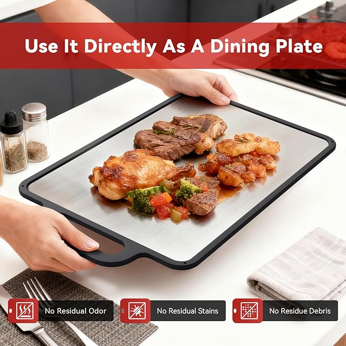 Double-Sided Solid Stainless Steel Cutting Board for Kitchen, 304 Grade & Dishwasher Safe - Non-Slip with Juice Groove, Perfect for Meat and Veggies, 15.3x9.6 Inch
