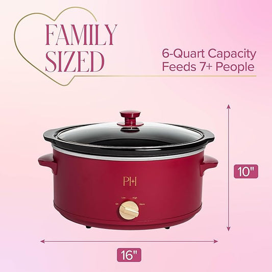 Paris Hilton 6-Quart Manual Slow Cooker, Features Three Settings (Low, High, Warm), Naturally Nonstick and Dishwasher Safe Stoneware Insert, Family Sized Capacity, Berry