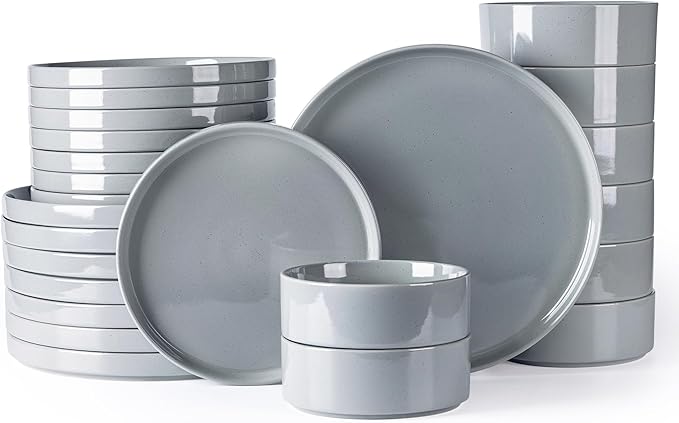 Dinnerware Set for 8, 24 Piece Speckled Plates and Bowls Set with Glazed Bottom, Chip & Scratch Resistant Stoneware Plates Sets, Dishwasher & Microwave Safe Dishes (Limestone, Service for 8)
