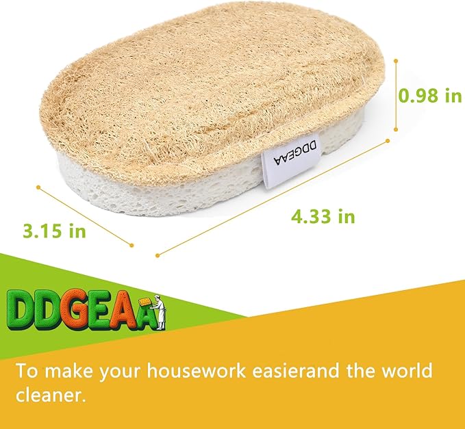 Natural Scrub Sponges Kitchen, Dual-Sided Loofah Dish Sponge - Plastic-Free, Scrubbing Power Without Scratching - 4 Pack White