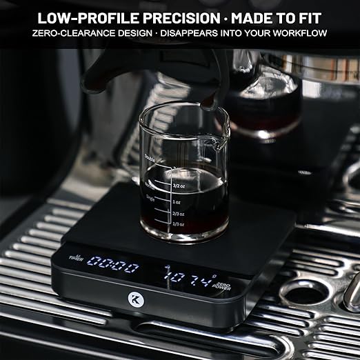 KitchenTour CaféMetric Coffee Scale with Timer 0.1g/2000g - Precision Scale for Espresso & Pour Over - Water Flow Speed Mode and Coffee Powder-to-Liquid Ratio Mode - Rechargeable, LED Display - Black
