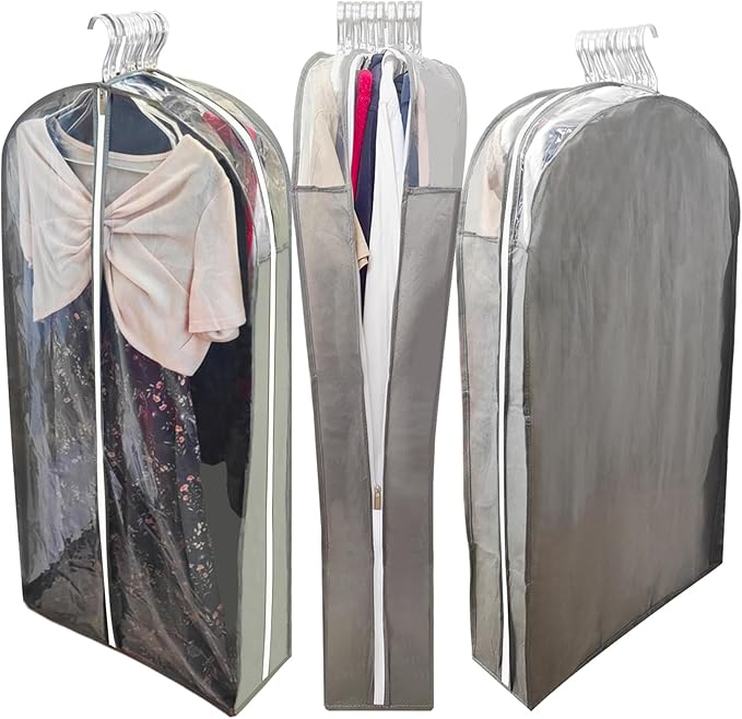 Extra Long Dress Bags for Gowns with 6.3" Gusset, 60" Clear Garment Bags for Hanging Clothes, Dresses Covers and Side Zipper Protector for Storage Clothing, Closet and Travel 3 Packs