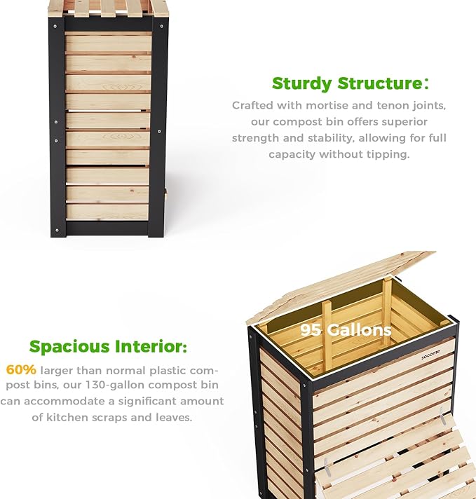 95 Gallon Solid Wood Composter, Outdoor Compost Bin with Pull-Out Door, Large Composting Bin for Backyard, Garden, Patio, Natural