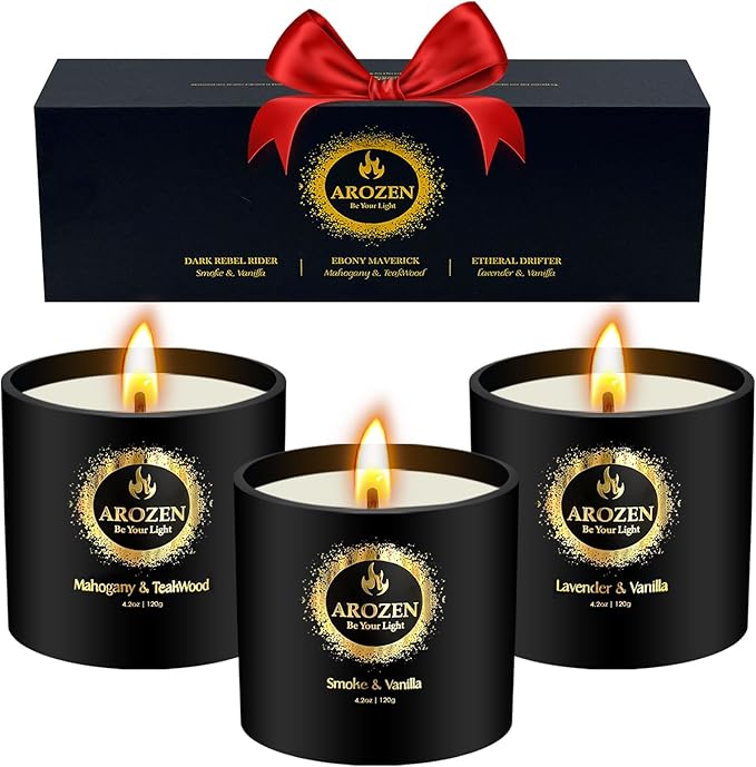 3 Pack Candles for Men, Scented Candles Gifts Set, Aromatherapy Soy Black Candles for Home Scented, Gifts for Men Chrismas, Scent of Lavender, Mahogany Teakwood & Smoke Vanilla, 70H Burn Time