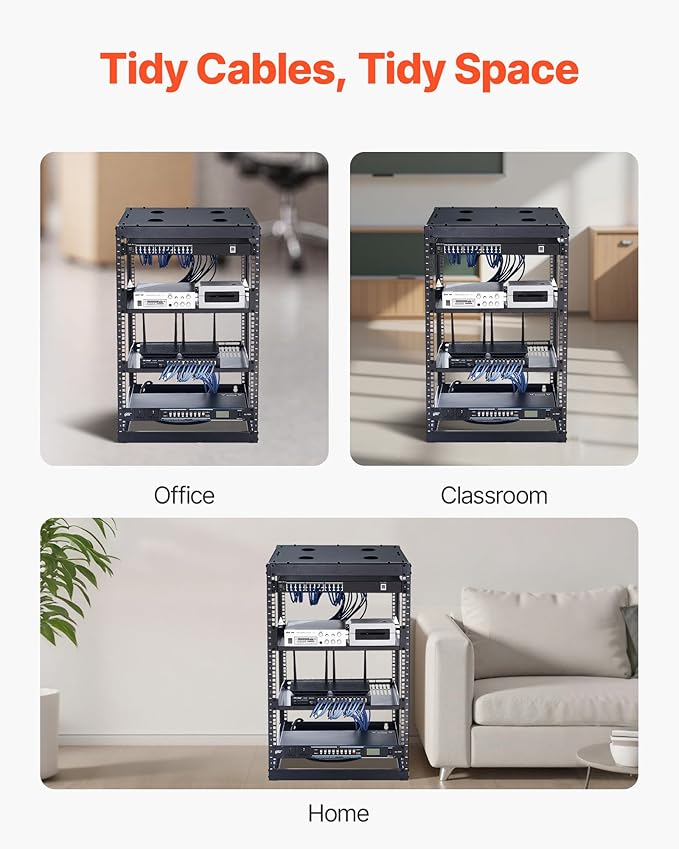 VEVOR 16U Open Frame Server Rack & Network Rack, Wall Mounted or Floor Standing, Heavy Duty 4 Post, with 2PCS Vented 1U Shelves & Mounting Hardware, Holds All 19'' Networking IT Equipment AV Gear