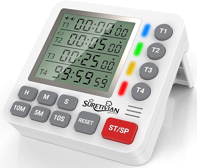 Kitchen Timers for Cooking - 4 Channel Digital Timer with Loud Alarm and Silent Mode, Large Display, Magnetic Back, Count Up/Countdown Timer for Egg Classroom Teacher Exercise Study, Battery Included