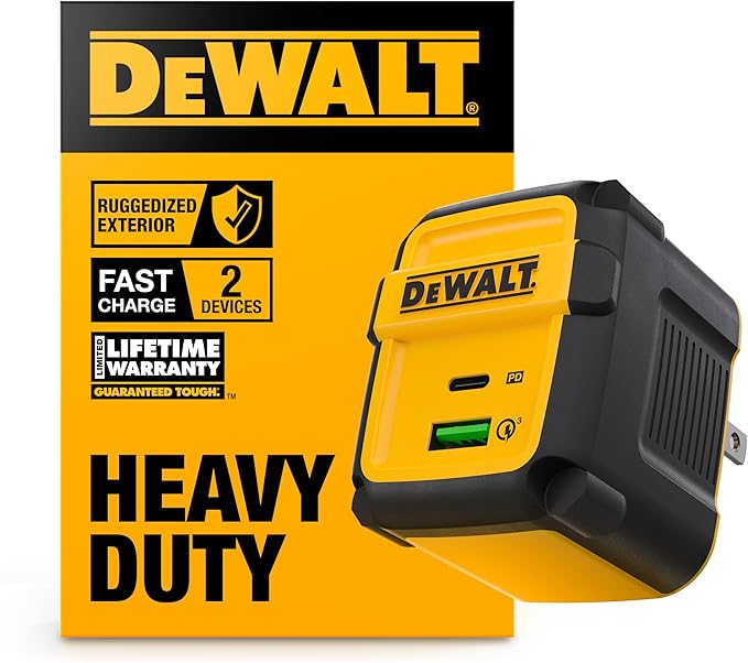 DEWALT Heavy Duty 49.5W Dual USB & USB C Charger Block (Cable Not Included), USBC Power Adapter, 2 Port Compact Foldable Fast Wall Charger for iPhone 17/16/15/14 Galaxy Pixel 4/3 iPad - Black & Yellow