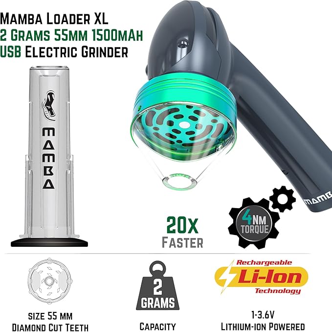 Mamba Loader XL 2g Gray USB Electric Herb Grinder. Small Portable Metal Herbal Machine & Spice Mill for the Kitchen