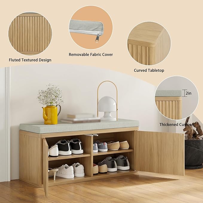 Entryway Shoe Storage Bench with 2" Cushion, 37.4" Small Bench with Shoe Rack, Cabinet Organizer for Hallway，Bedroom End of Bed,Light Oak