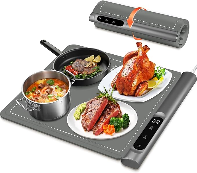 Upgrade Graphene Warming Mat for Food, Rapid Heating Food Warming Mats for Countertop with 6 Temps & Timer Settings, Portable Electric Warming Tray for Buffets Party, Gray