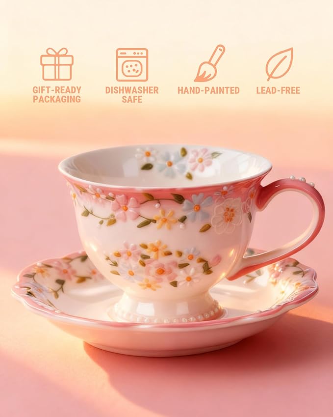 Exquisite Bone China Tea Cups and Saucer Set – Elegant Porcelain Tea Cups, Beautifully Detailed for Tea Lovers, Gift-Ready for Christmas, Hostess, Holiday Gift & Fall Decor