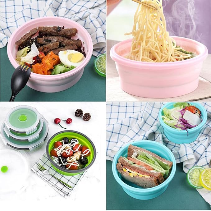 Collapsible Bowls For Camping, Set of 4 Silicone Food Storage Containers with Lids, Rv storage and organization, Rv Kitchen Accessories, BPA Free, Microwavable, Freezer, Dishwasher Safe (Round-Blue)