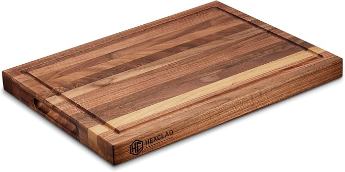 HexClad Medium Walnut Cutting Board, Double-Sided with Juice Groove & Recessed Handles, Durable, Scratch-Resistant Hardwood, Great for Chopping, Carving & Serving, 11.75"x15.75"