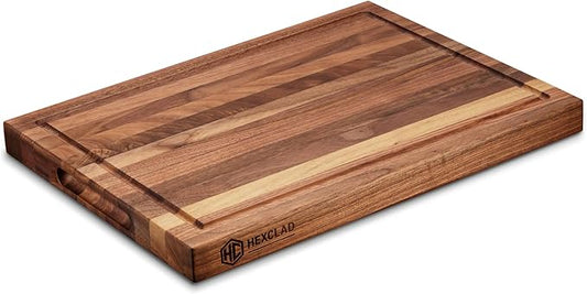 HexClad Medium Walnut Cutting Board, Double-Sided with Juice Groove & Recessed Handles, Durable, Scratch-Resistant Hardwood, Great for Chopping, Carving & Serving, 11.75"x15.75"